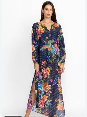 NWT Johnny Was Navy Floral Maxi Dress with Multicolor Bird Motif size L